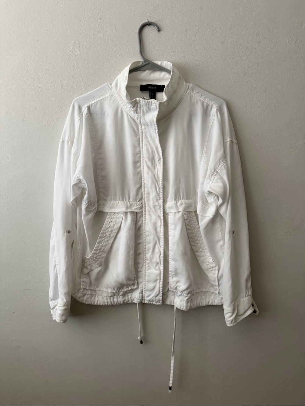 White Lightweight Women's Jacket with Drawstring Waist Funnel Neck